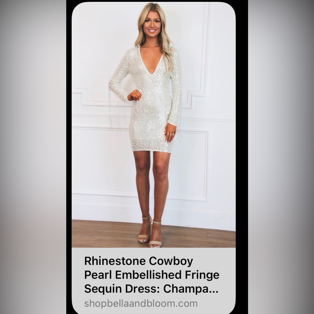 BACHELORETTE/ PARTY DRESS - Rhinestone / Pearl Embellished Fringe in Champagne